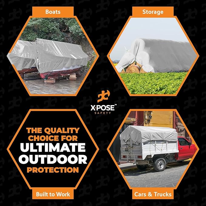 Xpose Safety Super Heavy-Duty 8' x 10' Silver/Brown Poly Tarp (2-Pack) - 16 Mil Waterproof & UV Resistant, Rip-Proof with Reinforced Edges & Grommets