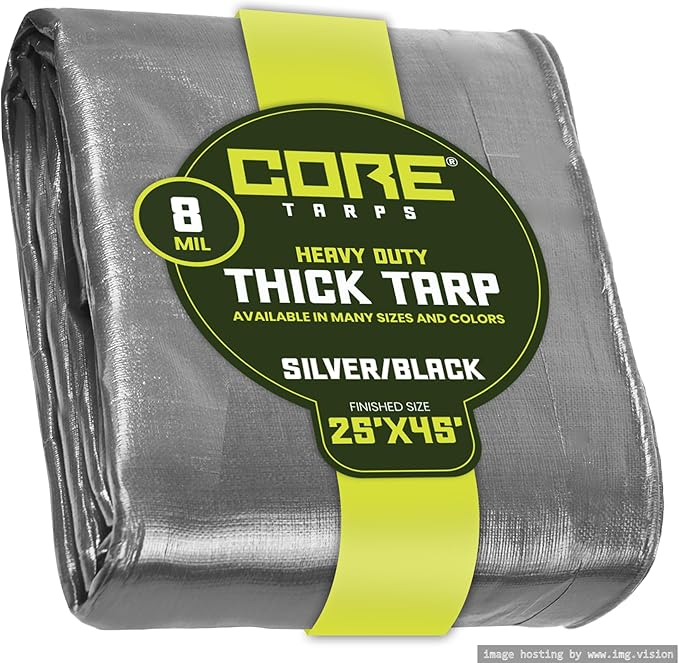 Core Tarps Heavy Duty 8 Mil Tarp Cover, Waterproof, UV Resistant, Rip and Tear Proof, Poly Tarpaulin with Reinforced Edges for Roof, Camping, Patio, Pool, Boat. (Silver/Black 25′ X 45′)