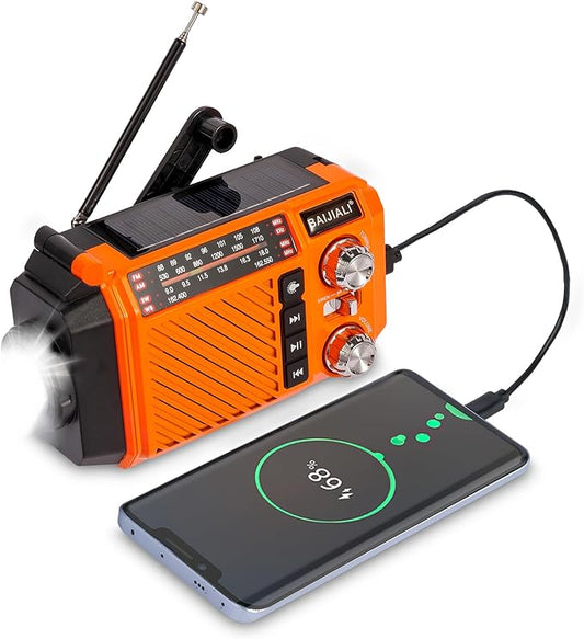 Hand Crank Emergency Weather Radio with 2600mAh/9620mWh Power Bank, NOAA AM FM Shortwave Portable Radio, Solar & USB-C Charging, Flashlight, SOS Alarm for Emergency Kits (Orange)