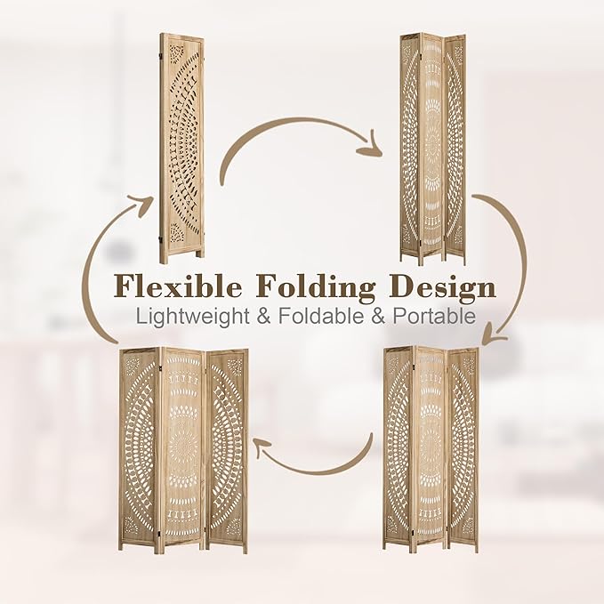 WelFurGeer Handcrafted Carved Wooden Room Divider Screen, Folding Privacy Screen for Room Separation, Decorative Room Dividers, 360° Adjustable Folding Panels for Privacy, Home, Office & Patio