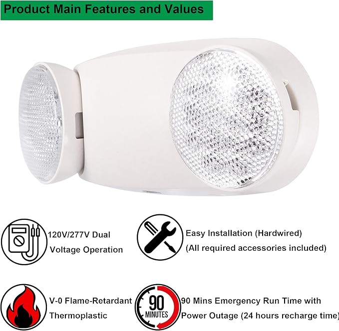 GRUENLICH LED Emergency Light, Exit Lighting Fixtures with 2 LED Bug Eye Heads and Back Up Batteries, UL 924 Qualified, 120/277 Voltage, 2-Pack