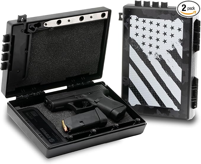 STOPBOX Gun Safe Alternative - Tactical Handgun Storage, Instant Access Portable Gun Case, TSA Compliant Gun Lock Box for Quick Handgun Access| FLAG CAMO + BLACK (2 Pack) | Compact Only