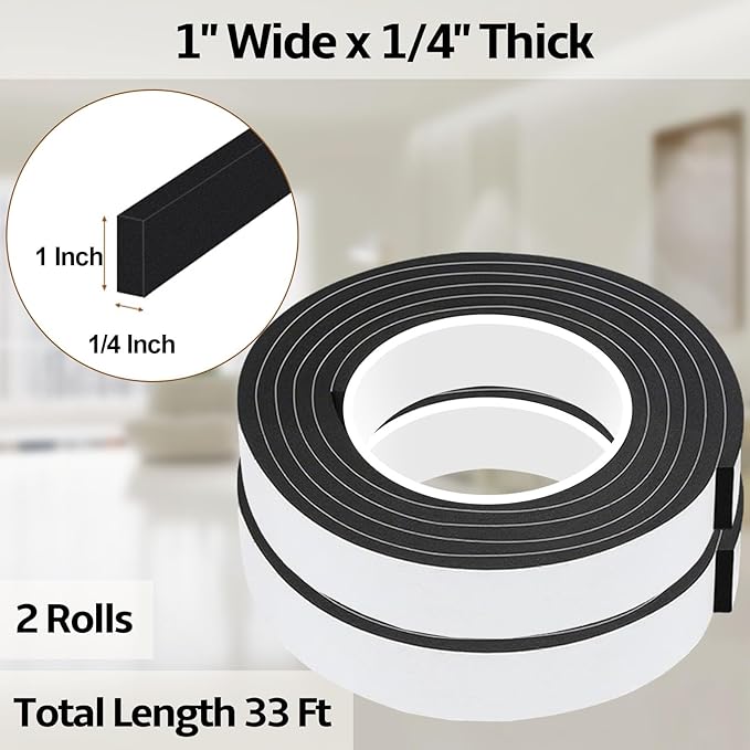 EVA Foam Weather Stripping Tape,1 Inch W x 1/4 Inch T Self-Adhesive Seal Tape for Doors & Windows-Draft Blocker,Soundproofing,Waterproof Insulation Foam,2 Rolls Total 33FT Black