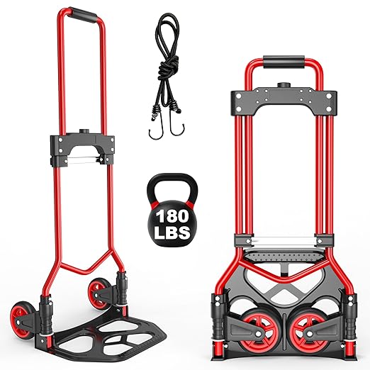 Folding Hand Truck Dolly Cart, 180LBS Portable Aluminum Hand Truck Foldable with Telescoping Handle and Elastic Cord for Luggage, Boxes, Functionality Foldable Dolly for Home, Moving, Black Red