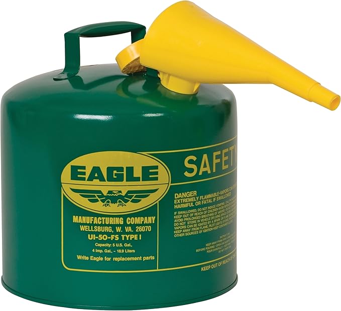 Eagle 5 Gallon Type I Green Safety Gas Can for Oil and Other Combustibles with Flame Arrester, Self-Closing Lid, and F-15 Funnel, Made in the USA, Galvanized Steel Flammable Storage Can, UI50FSG