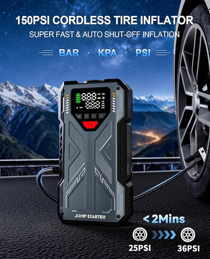 Jump Starter with Air Compressor, 4000A Car Jumper Starter Portable & 12V Car Battery Charger Jump Starter Power Pack Combo 150PSI Tire Inflator Air Pump, Jumper Box for 8.0L Gas/6.5L Diesel, QC3.0