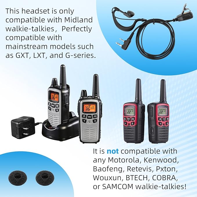 Two-Way Radio Earpiece Compatible with Midland Ear-Clip Headset for Midland Walkie Talkie Earpiece，Walkie Talkie Headphones Fit for Midland All GXT, LXT and G-Series，2 Pack