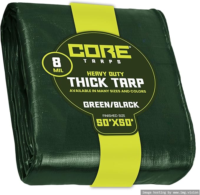 Core Tarps Heavy Duty 8 Mil Tarp Cover, Waterproof, UV Resistant, Rip and Tear Proof, Poly Tarpaulin with Reinforced Edges for Roof, Camping, Patio, Pool, Boat. (Green/Black 50′ X 50′)