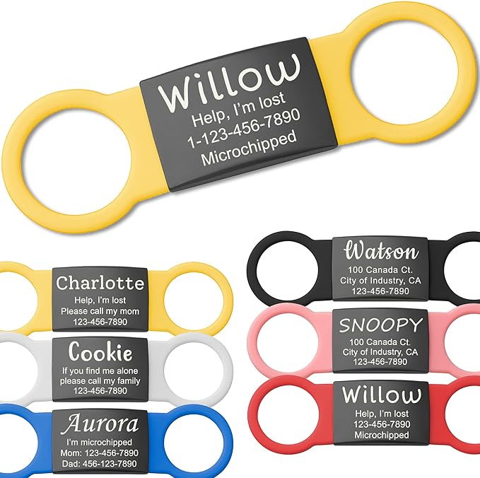 Anavia Slide On Silent Pet ID Tags, S/M/L/XL Personalized Black Stainless Steel Colored Silicone Cat Dog Name Tag, Customized Engraved Nameplate, Quiet Chew-Proof Pet Collar Tag (Yellow, X-Large)