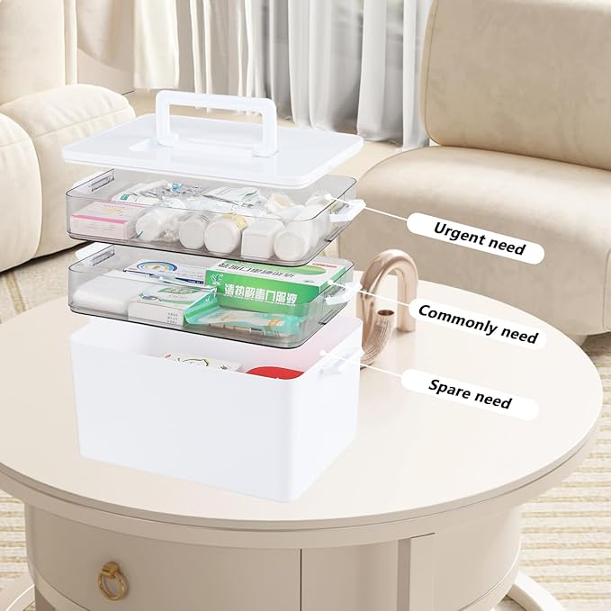 Kekow 3-Tier Portable Medicine Cabinet Organizer, Plastic Large Medicine Storage Box with Handle, White