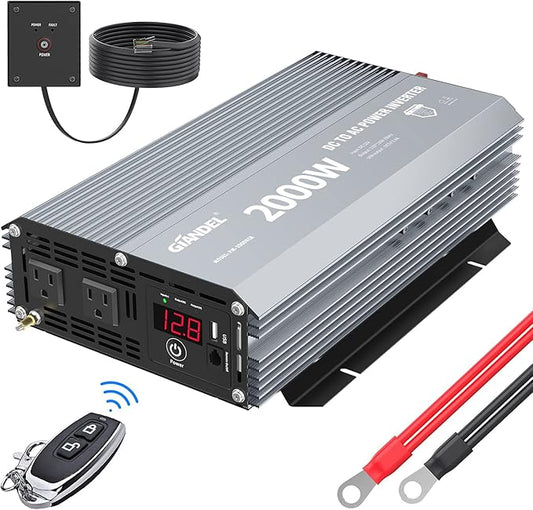 GIANDEL Power Inverter 2000W Modified Sine Wave DC 12V to AC 110V 120V with Wireless Remote Controller LED Display & 2.4 Amps USB Port for RV Truck Boat