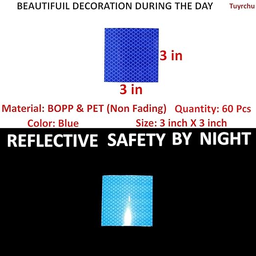 Blue Reflective Stickers 3 inch X 3 inch, Outdoor Waterproof High Visibility Warning Safety Adhesive Reflector Tape (60 Pcs)