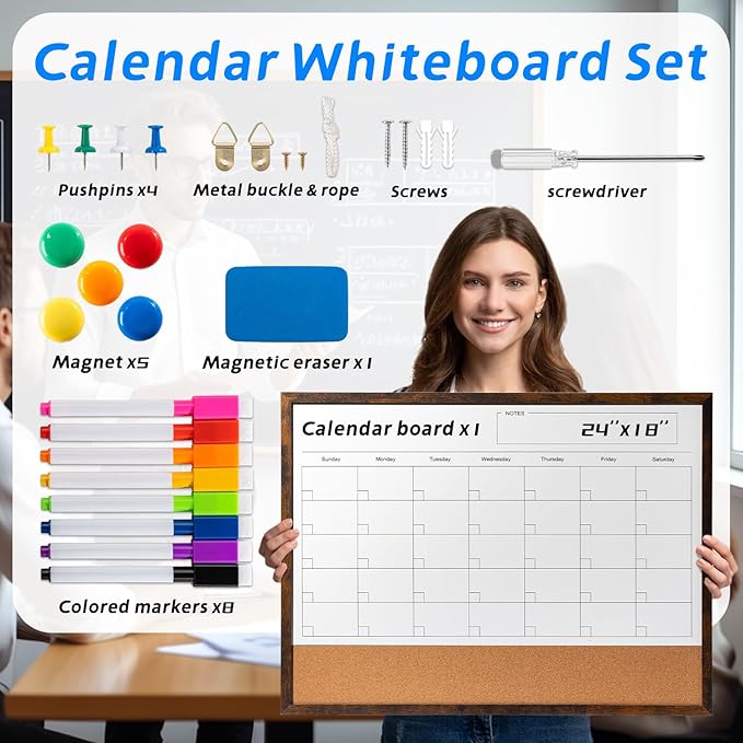 Dry Erase Calendar Whiteboard, 24" x 18" Magnetic Whiteboard Cork Board Combo, Reusable Monthly Planner with 8 Markers, Eraser, Magnets and Pushpins, Hanging Dry Erase Board for Home, School - Brown
