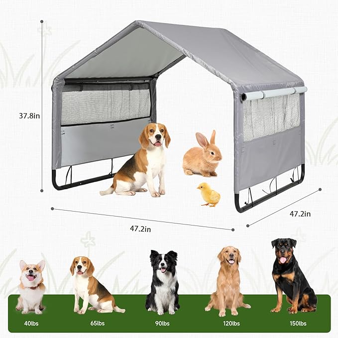 Large Dog House Shade Shelter Outdoor Tent for Large Medium Dogs, Outside Sun Rain Canopy Pet House for Homeless Cats Pigs Livestock with Rainproof Cover with Artificial Grapevine Leaves