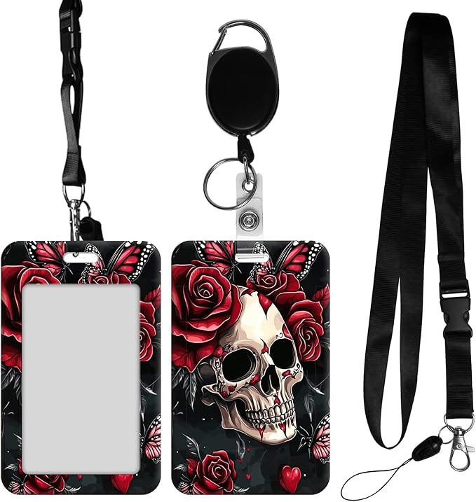 ID Badge Holder with Retractable Lanyard for Women & Men,Vertical ID Card Holder Wallet,Clear Window&Card Slot,Detachable Neck Strap for Nurse Teacher Office,Skull Roses