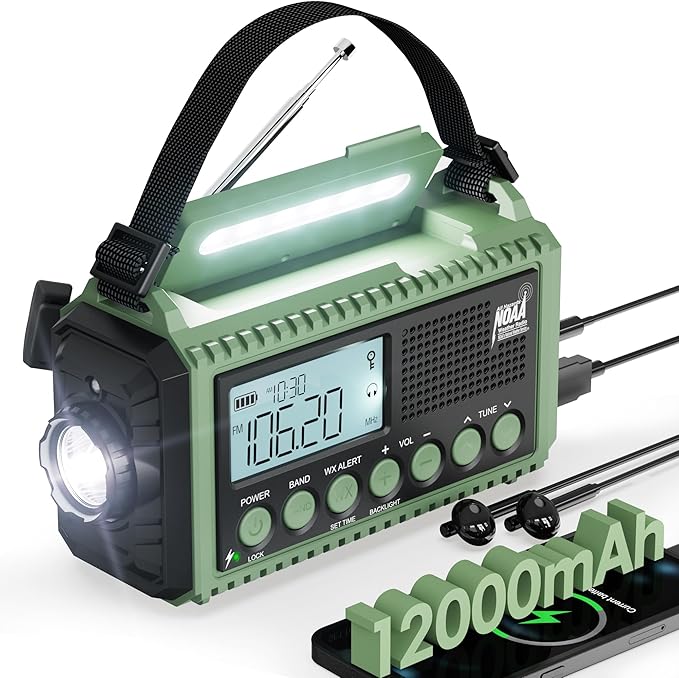 Emergency Weather Radio, Hand Crank 12000mAh Battery Powered Auto Alert NOAA Radio,130H Runtime, LCD Digital Display, SOS, Flashlight,Phone Charger, Solar Portable AM/FM/SW Radio for Emergency/Outdoor