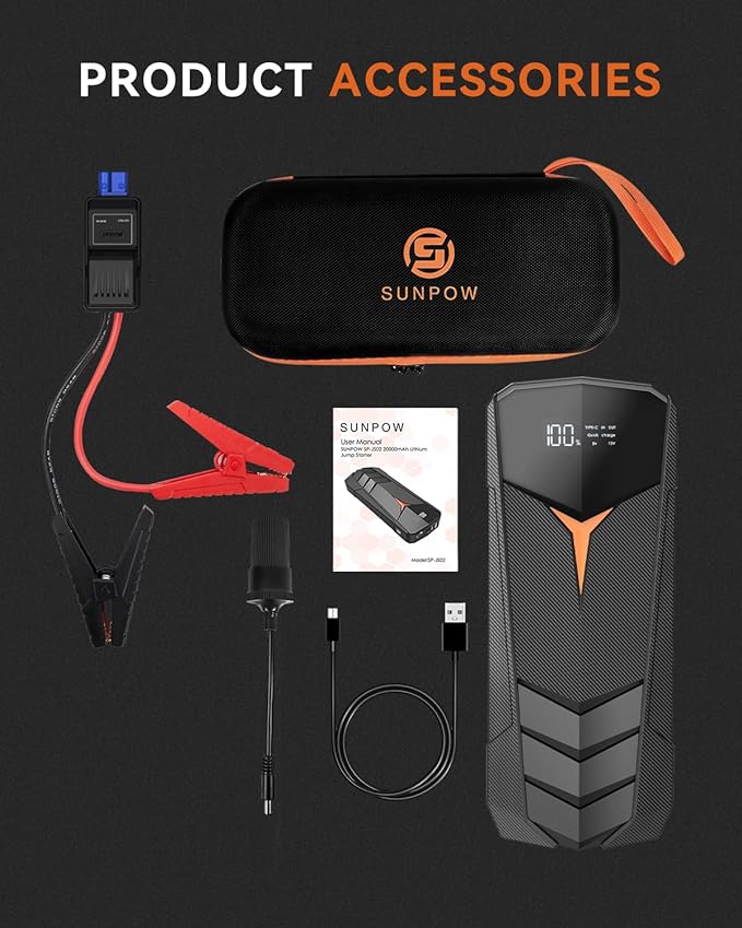 SUNPOW Lithium Jump Starter Battery Pack 2000A Peak 20000mAh (Up to All Gas and 8.5L Diesel),12V Battery Booster for Cars, Trucks, SUV, Portable Power Pack with LCD Screen and LED Light