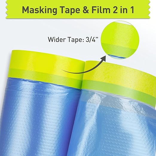 Pre-Taped Masking Film for Painting - 22" x 66' Painters Plastic Sheeting with Automotive Paint Tape and Drape for Covering Cars, Walls, Windows and Furniture Protection (6 Rolls)