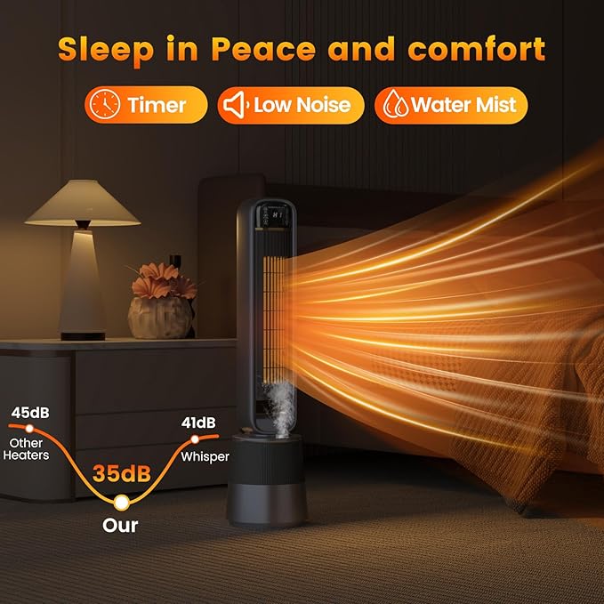 VCJ 36" Space Heaters, 1500W 12H Timer Electric Heater for Indoor Use, Remote, 150° Oscillation, Water Mist, Overheat & Tip-Over Protection, Quiet Portable Tower Heater for Bedroom Living Room Garage