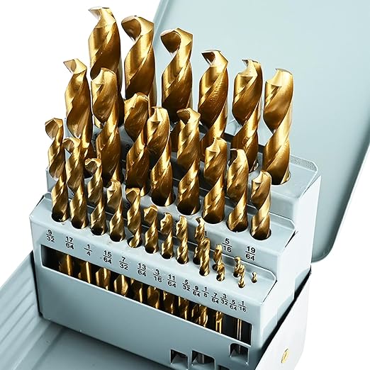 Drill Bit Set, 29Pcs Titanium Coating High-Speed Steel Metal Drill Bits Kit with Round Shank for Cast Iron, Hardened Metal, Stainless Steel, Plastic and Wood