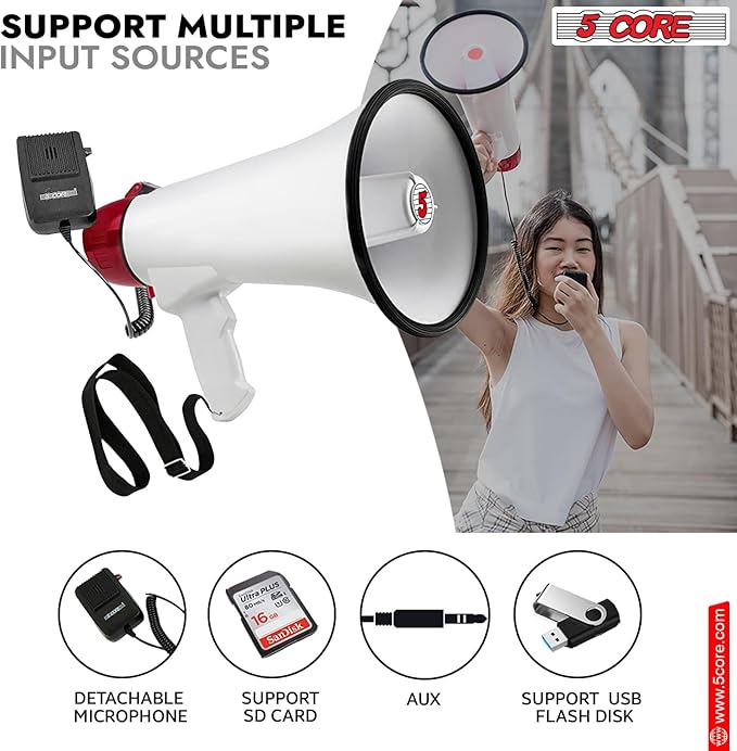 5 CORE 40W Megaphone Bullhorn Cheer Bull Horn Speaker Rechargeable Megaphono 1000 Yard Range Siren Recording USB SD Card AUX Detachable Microphone for Cheerleading, Football, Safety Drills