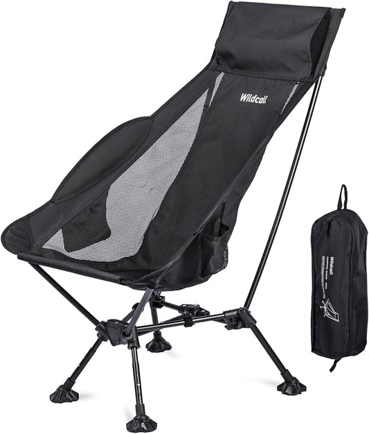 WildCall Lightweight Folding High Back Camping Chair with Head Support, Compact Beach Chair with Anti-Sinking Large Feet and Three Tilt Angles Adjustment