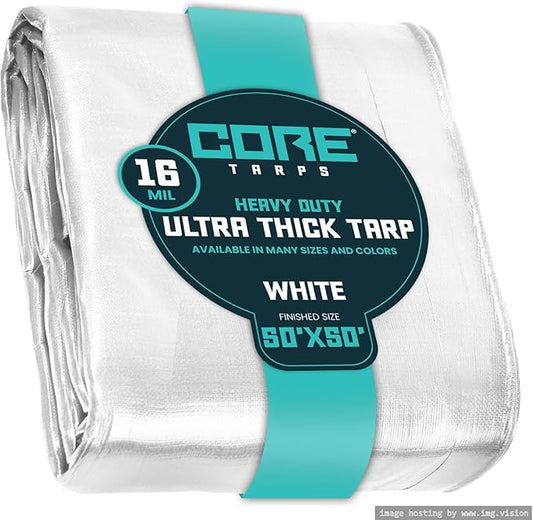 Core Tarps Extra Heavy Duty 16 Mil Tarp Cover, Waterproof, UV Resistant, Rip and Tear Proof, Poly Tarpaulin with Reinforced Edges for Roof, Camping, Patio, Pool, Boat (White 50′ X 50′)