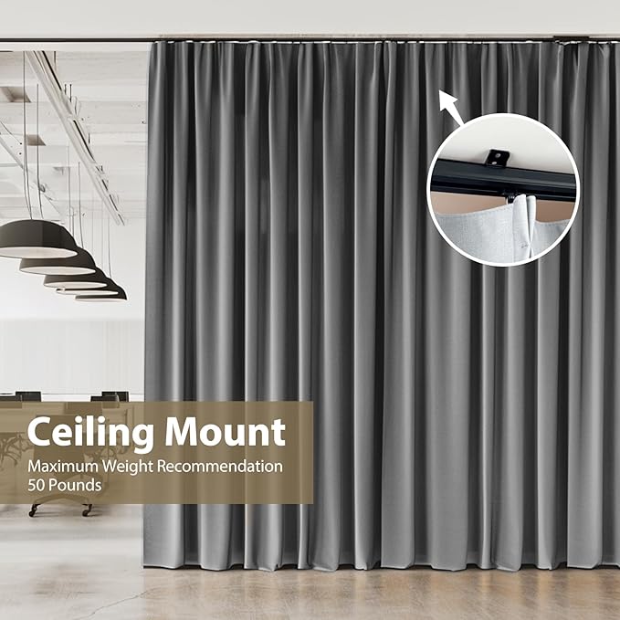 Ceiling Curtain Track Ceiling and Wall Mounted Heavy-Duty Curtains Rails Room Divider Curtains Shower RV Tracks Ceiling Sliding Curtain Rods With Clips,Black 12ft.