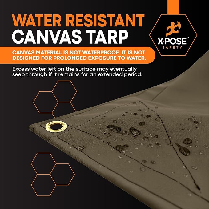 Xpose Safety Canvas Tarp - 10oz Olive Drab Canvas Tarps Heavy Duty Water Resistant with Brass Grommets- Multipurpose Outdoor Tarpaulin for Camping, Canopy, Trailer, Equipment Cover 16' x 20'