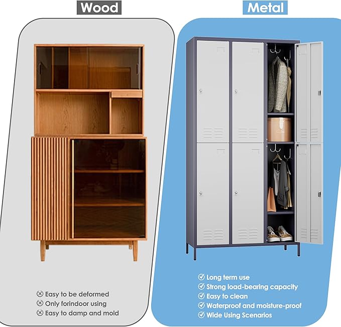 Metal Lockers for Employees with 6 Doors and 18 Hooks, 72”H Storage Locker with Card Slot for Office Gym School Bedroom, White and Gray, Assembly Required
