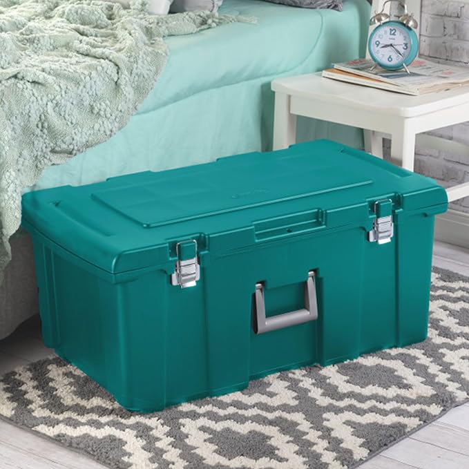 Sterilite 4-Pack Footlocker, Lockable Plastic Utility Storage Container Box, Teal - Heavy-Duty Organizing Containers for Home, Garage, Office, and Basement