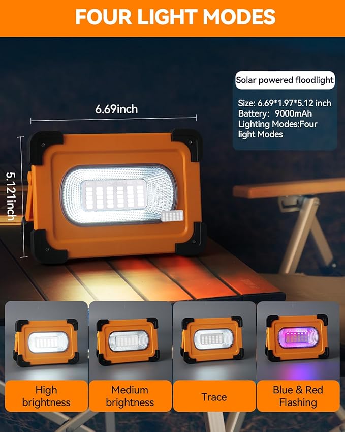 Horenom Multifunction Portable Camping Solar Work Light, 60W LED Rechargeable 9000mAh Emergency Flood Light with Stand, Waterproof Job Site for Power Outage Emergency, Hiking, Car Repairing, 1 pc