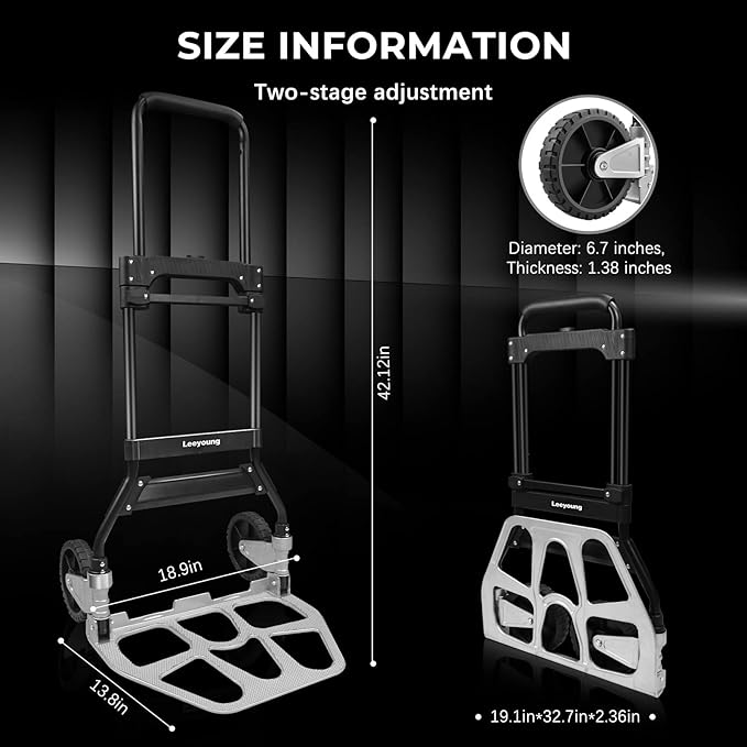 Leeyoung Dolly Cart and Folding Hand Truck，Heavy Duty 331lb Capacity Dolly for Moving，Aluminum Wheel Bracket and Steel Tube，Foldable Hand Truck with Anti-Slip Silent Wheels for Indoor/Outdoor Moving