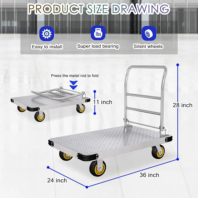 Platform Truck Heavy Duty Push Cart Dolly with 6'' Wheels 2000 LBS Capacity Steel Large Flatbed Cart Foldable Platform Dolly for Groceries, Garage, Warehouse, Equipment (36" X 24")