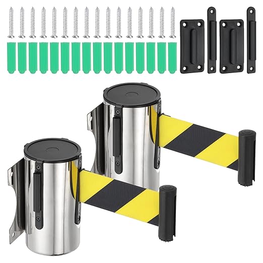 PATIKIL Fixed Wall Mount Retractable Belt Barrier, 2 Pcs 16.4 Feet Fixed Retractable Belt Barrier with Steel Case for Crowd Control Grocery Retail Store Stadium, Silver Tone/Black/Yellow