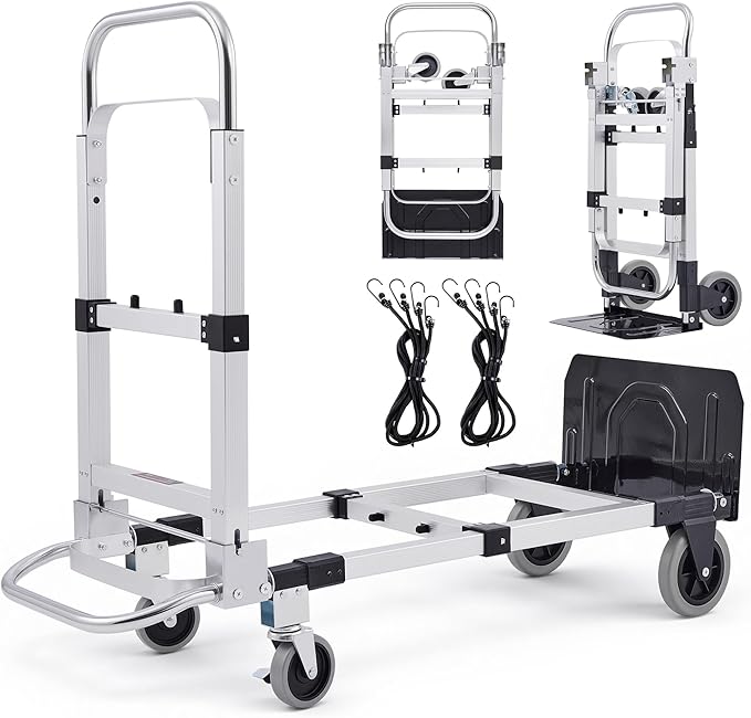 CREWORKS 3 in 1 Convertible Hand Truck Dolly with Brakes,Heavy Duty Folding Hand Truck with 600LB Capacity,Portable Dolly Cart with Rubber Wheels and Telescoping Handles for Moving