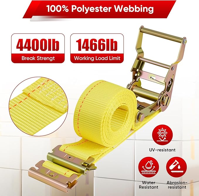 8-Pack E-Track Ratchet Straps, 4,400 LB Breaking Strength, 2" x 15' E-Track Tie Downs-2 Inch x 11.48 Feet ETrack Straps with 4 Feet Fixed End and Spring E-Fittings Yellow Logistic Ratchet Straps