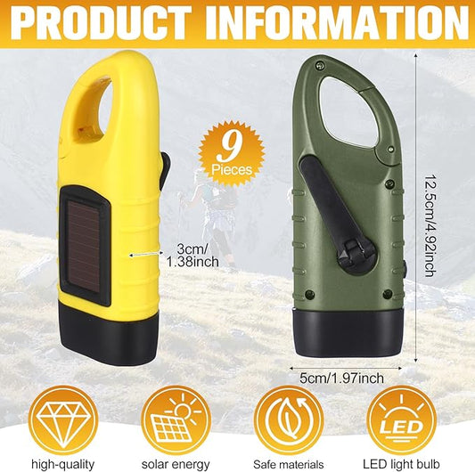 Leelosp 9 Pieces Hand Crank Flashlight Solar Powered Flashlight for Emergencies Dynamo Rechargeable LED Survival Light for Outdoor Sports Hiking Camping (Green,Yellow)