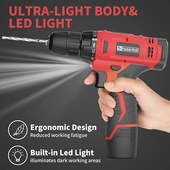 FADAKWALT Cordless Drill Set, 12V Power Drill With Battery and Charger, Electric Driver/Drill Bits, 3/8'' Keyless Chuck, 21+1 Torque Setting, 180 inch-lbs, LED, Red