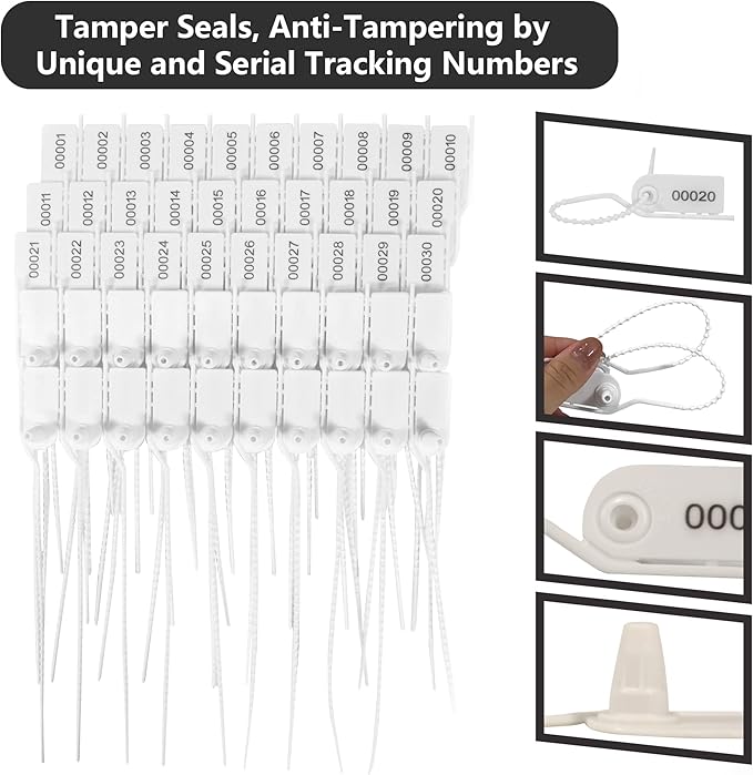 200 Plastic Security Seals Secure Anti-Tamper Fire Extinguisher Tags Numbered Zip Ties Inspection Tags Breakable Label Tags Pull Tite Safey Tags for First Aid Kits, Clothes,Bags (White)