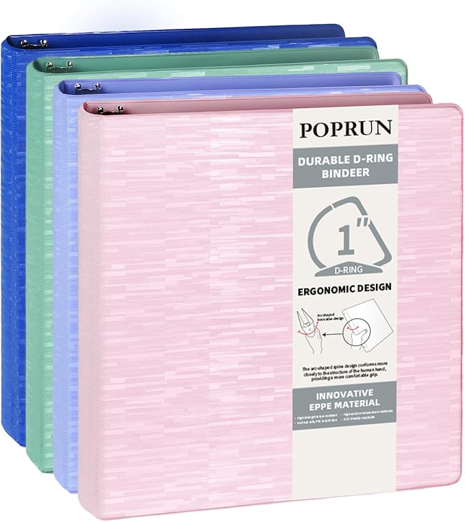 POPRUN 3 D Ring Binder 1 Inch, PVC-Free, Holds 225 Sheets of 8.5 x 11 Paper, Extra Durable Organizer with 2 Pockets for School & Office, Heavy-Duty, 4 Pack, Multicolor