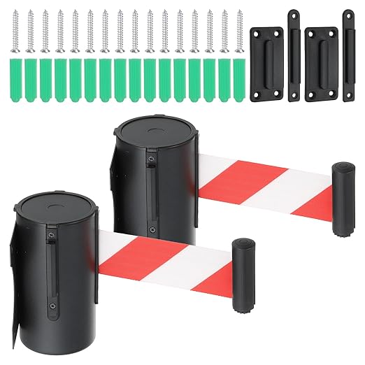 PATIKIL Fixed Wall Mount Retractable Belt Barrier, 2 Pcs 16.4 Feet Fixed Retractable Belt Barrier with Steel Case for Crowd Control Grocery Retail Store Stadium, Black/Red/White