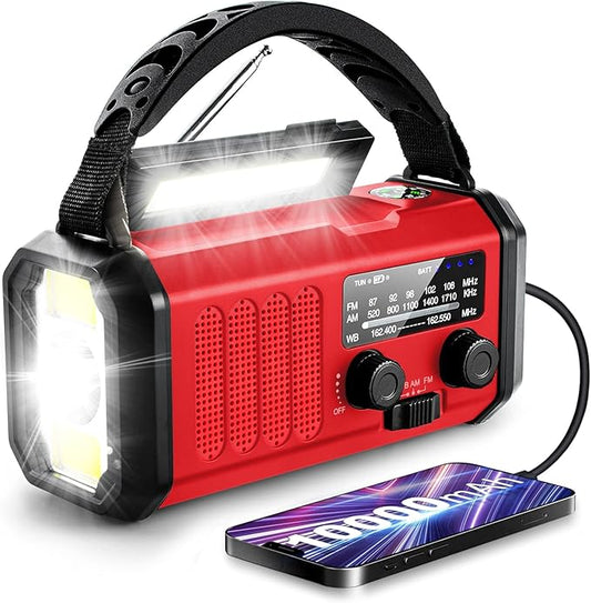 Emergency Crank Radio10000mAh/37000mWh AM/FM/NOAA Weather Radio , Solar/Hand Crank/USB Charging, LED Flashlight and Cell Phone Charger for Christmas gifts Outdoor, Camping & Home Emergencies