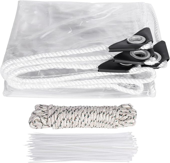 Clear Tarps Heavy Duty Waterproof, Transparent PVC Vinyl Tarpaulin with Grommets, Ropes, Reinforced Edge, Tear-Resistant, Anti-UV for Greenhouse, Patio, Garden, Porch, Pavilion, Outdoor