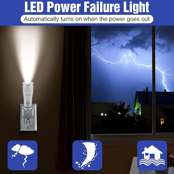 Enhon 4 in 1 LED Emergency Lights for Home Power Failure, 4 Pack Rechargeable Plug in Flashlight Motion Sensor Night Light, Automatic Turn On Power Outage Light for Home Hurricane Supplies(White)