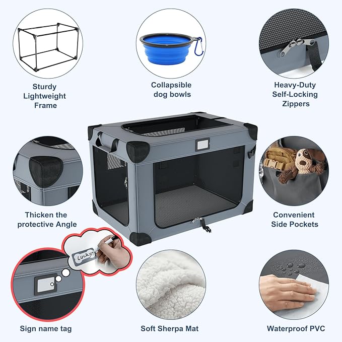 24 Inch Portable Collapsible Dog Crate, Foldable Soft Dog Kennel with Soft Warm Blanket and Foldable Bowl for Large Cats & Small Dogs, Indoor & Outdoor Travel
