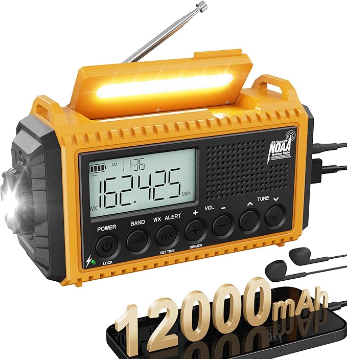 12000mAh/44400mWh Emergency Radio- NOAA Weather Alert Radio with Auto-Scan & SOS Alarm, Solar Hand Crank 6-Way Power, Flashlight, Reading Lamp for Outdoor, Hiking, Emergencies