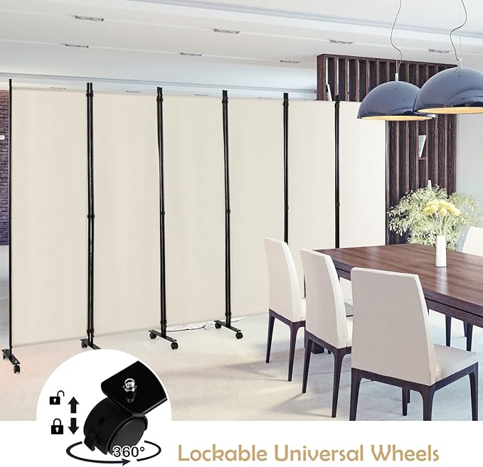 GOFLAME 6 Panel Folding Room Divider, 6FT Rolling Privacy Screen with Lockable Wheels, Portable Room Partition Screen, Freestanding Wall Divider and Separator for Home Office, White