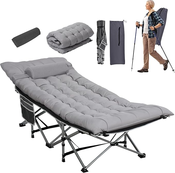 Wide Folding Camping Cots with Pillow & Extra Thick Matress, Cots for Sleeping 900 LBS, Camping Bed for Adults with Cushion, Sleeping Cot (Grey)