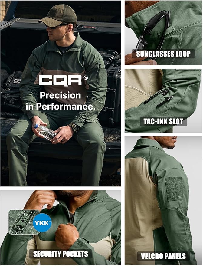 CQR Men's Combat Shirt Tactical 1/4 Zip Long Sleeve Military BDU Shirts Camo EDC Top with Pockets